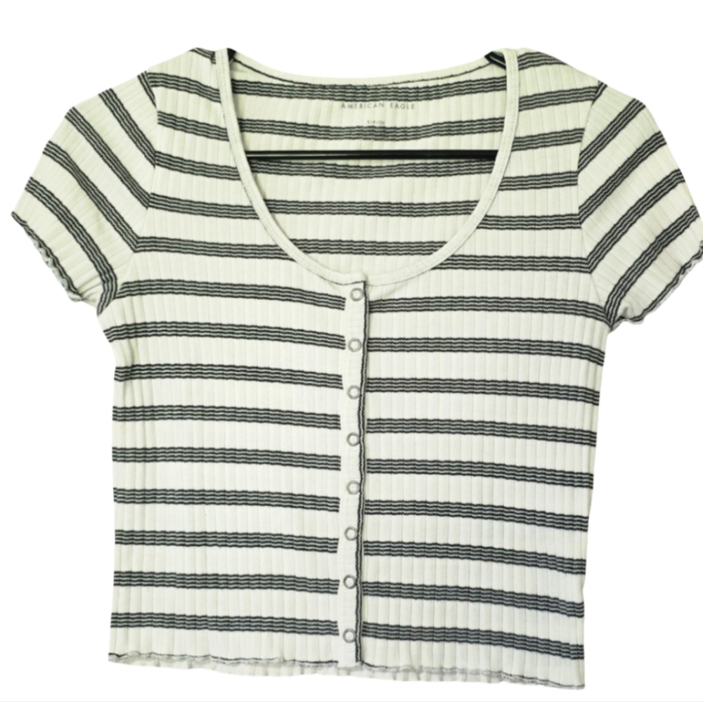 American Eagle Outfitters White and Black Striped Ribbed Crop Top